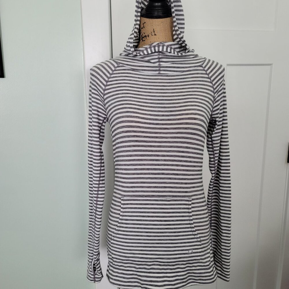 Gap Fit Breathe XS Grey &  White Stripe Funnel Neck Hoodie XS with Thumbholes - Picture 2 of 13